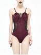 Chest Hand-Cranked Waist Splice Mesh Lace-Up Wine Red Gothic One-Piece Swimsuit