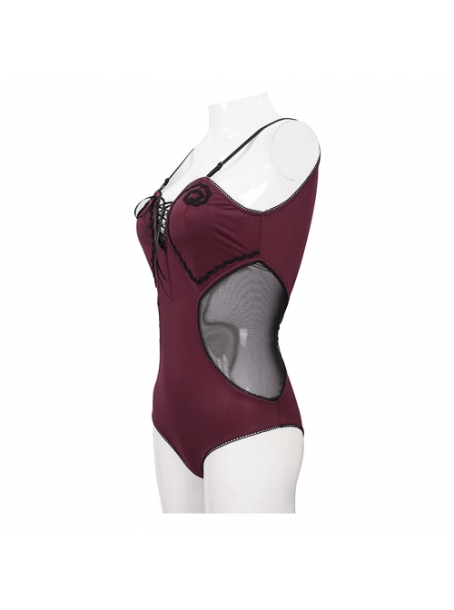 Chest Hand-Cranked Waist Splice Mesh Lace-Up Wine Red Gothic One-Piece Swimsuit