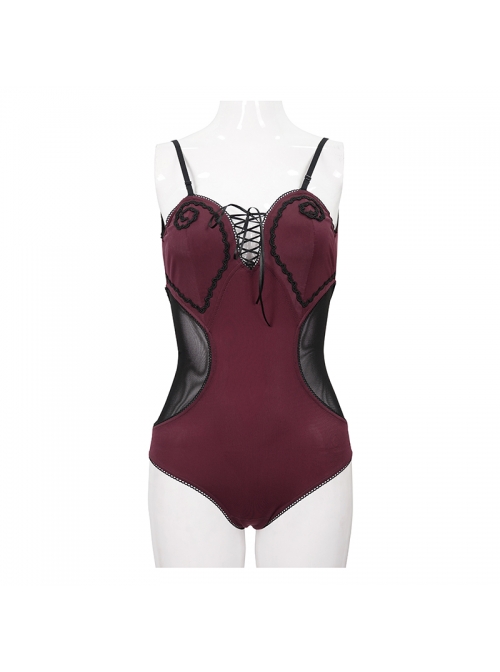Chest Hand-Cranked Waist Splice Mesh Lace-Up Wine Red Gothic One-Piece Swimsuit