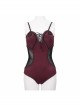 Chest Hand-Cranked Waist Splice Mesh Lace-Up Wine Red Gothic One-Piece Swimsuit