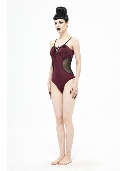 Chest Hand-Cranked Waist Splice Mesh Lace-Up Wine Red Gothic One-Piece Swimsuit