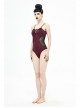 Chest Hand-Cranked Waist Splice Mesh Lace-Up Wine Red Gothic One-Piece Swimsuit
