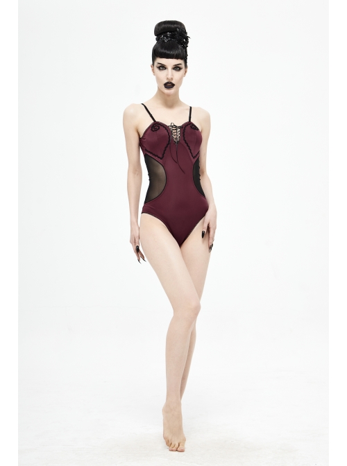 Chest Hand-Cranked Waist Splice Mesh Lace-Up Wine Red Gothic One-Piece Swimsuit