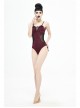 Chest Hand-Cranked Waist Splice Mesh Lace-Up Wine Red Gothic One-Piece Swimsuit