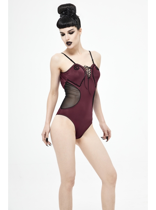 Chest Hand-Cranked Waist Splice Mesh Lace-Up Wine Red Gothic One-Piece Swimsuit