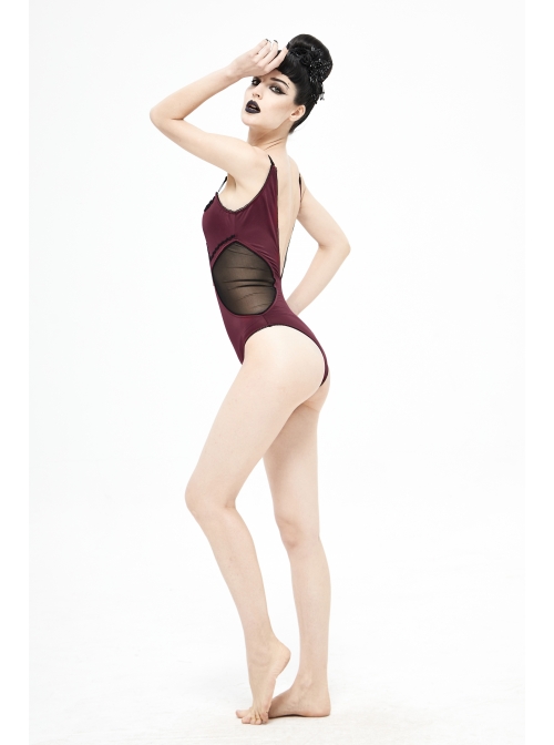 Chest Hand-Cranked Waist Splice Mesh Lace-Up Wine Red Gothic One-Piece Swimsuit