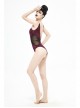 Chest Hand-Cranked Waist Splice Mesh Lace-Up Wine Red Gothic One-Piece Swimsuit