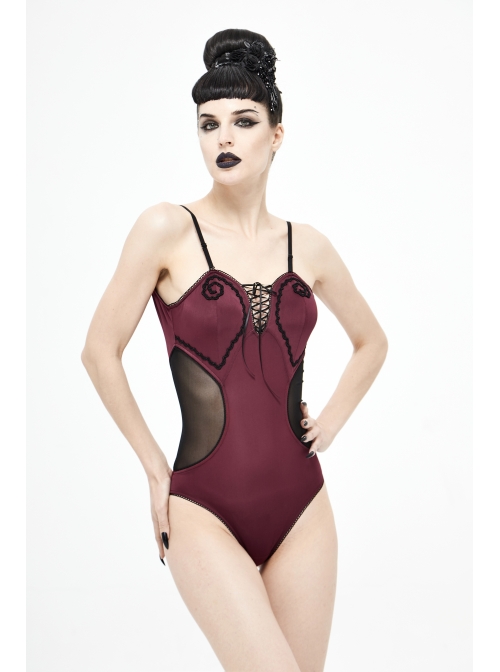 Chest Hand-Cranked Waist Splice Mesh Lace-Up Wine Red Gothic One-Piece Swimsuit