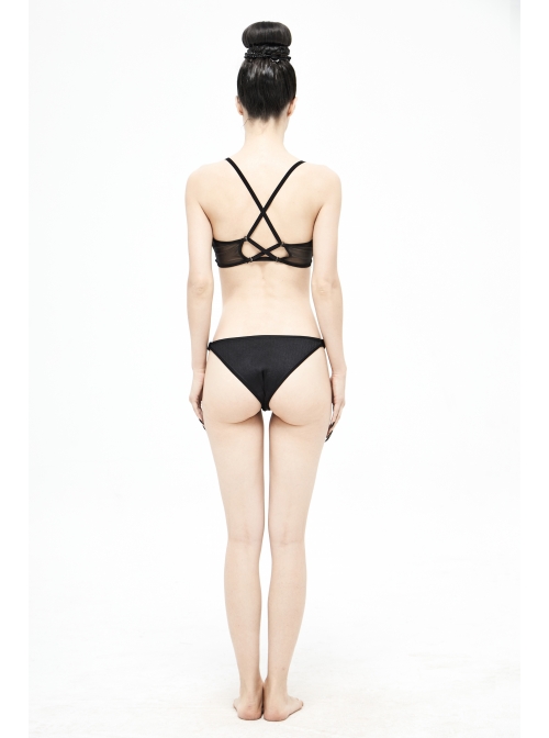 Vertical Striped Bat-Shaped Splice Mesh Lace-Up Black Punk Swimsuit
