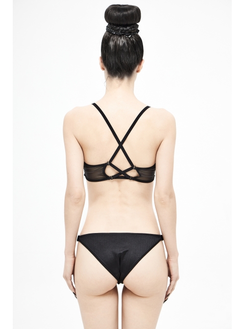 Vertical Striped Bat-Shaped Splice Mesh Lace-Up Black Punk Swimsuit