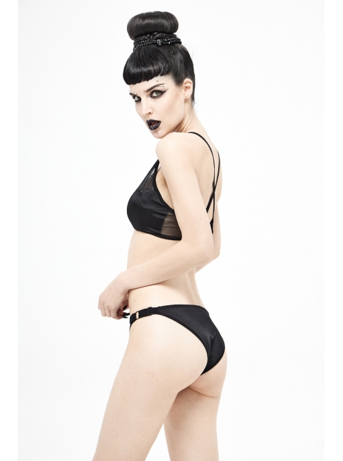 Vertical Striped Bat-Shaped Splice Mesh Lace-Up Black Punk Swimsuit