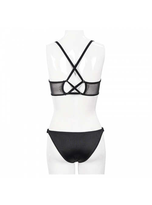 Vertical Striped Bat-Shaped Splice Mesh Lace-Up Black Punk Swimsuit