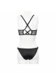 Vertical Striped Bat-Shaped Splice Mesh Lace-Up Black Punk Swimsuit