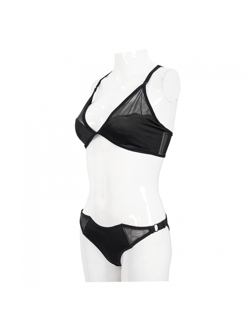 Vertical Striped Bat-Shaped Splice Mesh Lace-Up Black Punk Swimsuit