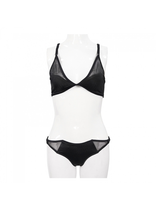 Vertical Striped Bat-Shaped Splice Mesh Lace-Up Black Punk Swimsuit