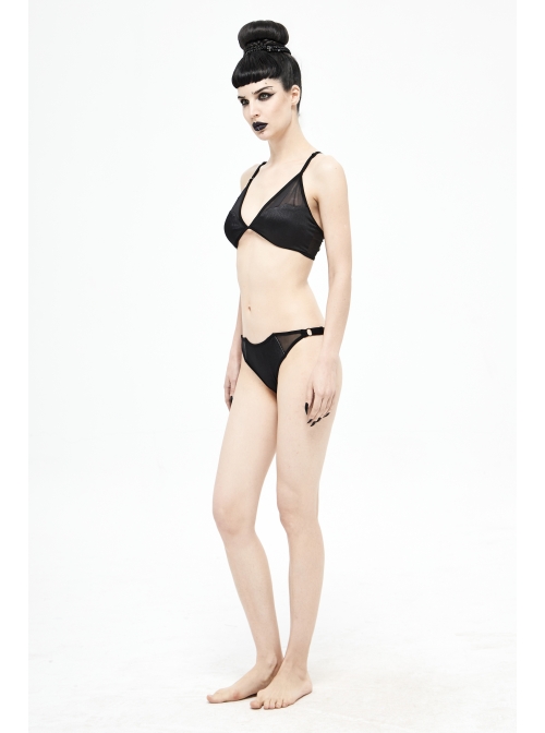 Vertical Striped Bat-Shaped Splice Mesh Lace-Up Black Punk Swimsuit