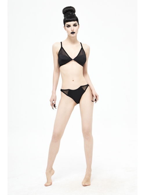 Vertical Striped Bat-Shaped Splice Mesh Lace-Up Black Punk Swimsuit