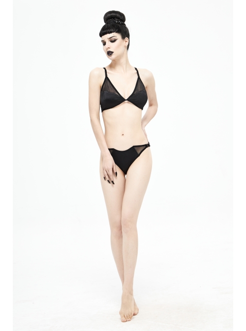 Vertical Striped Bat-Shaped Splice Mesh Lace-Up Black Punk Swimsuit