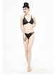 Vertical Striped Bat-Shaped Splice Mesh Lace-Up Black Punk Swimsuit