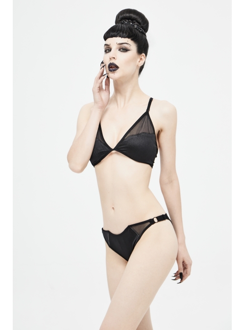 Vertical Striped Bat-Shaped Splice Mesh Lace-Up Black Punk Swimsuit