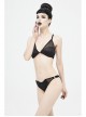 Vertical Striped Bat-Shaped Splice Mesh Lace-Up Black Punk Swimsuit