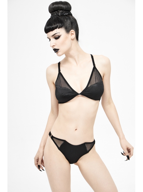 Vertical Striped Bat-Shaped Splice Mesh Lace-Up Black Punk Swimsuit