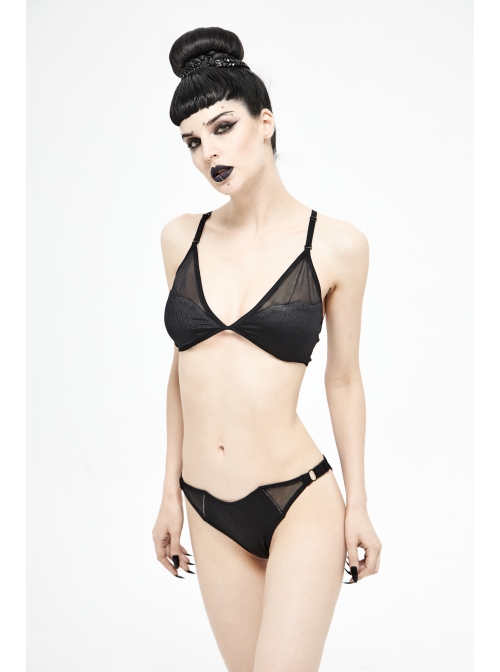 Vertical Striped Bat-Shaped Splice Mesh Lace-Up Black Punk Swimsuit