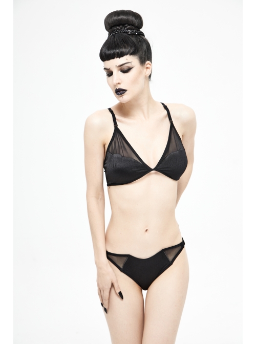 Vertical Striped Bat-Shaped Splice Mesh Lace-Up Black Punk Swimsuit