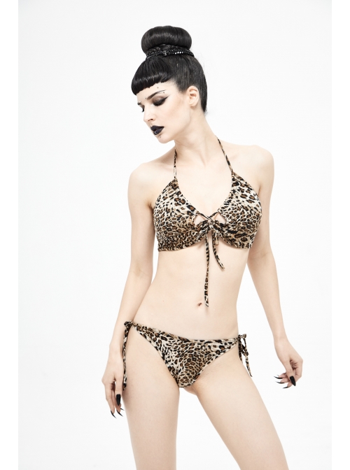 Brown Leopard Print Lace-Up Punk Swimsuit Suit