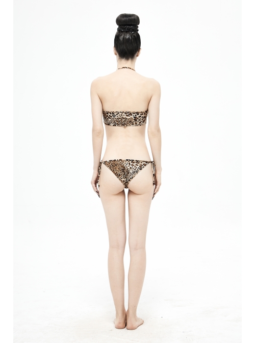 Brown Leopard Print Lace-Up Punk Swimsuit Suit