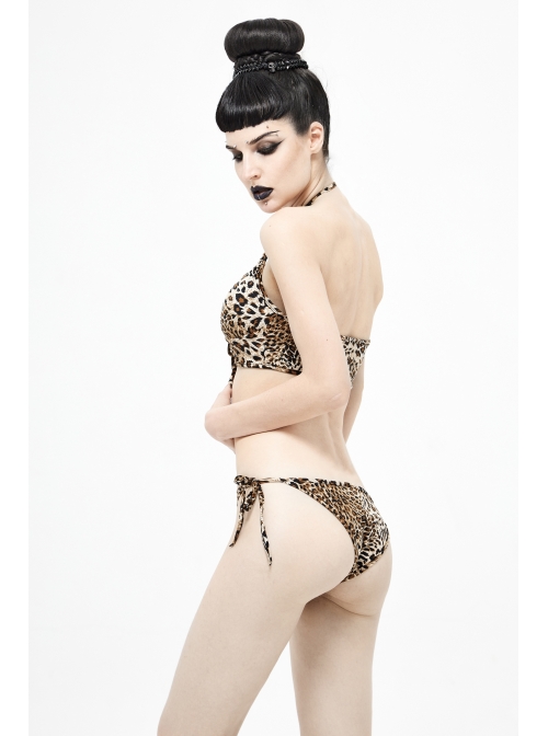 Brown Leopard Print Lace-Up Punk Swimsuit Suit