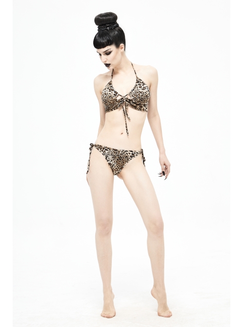 Brown Leopard Print Lace-Up Punk Swimsuit Suit