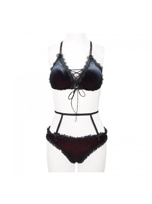 Black Red Velvet Chest Lace-Up Gothic Swimsuit Suit