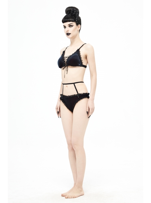 Black Red Velvet Chest Lace-Up Gothic Swimsuit Suit