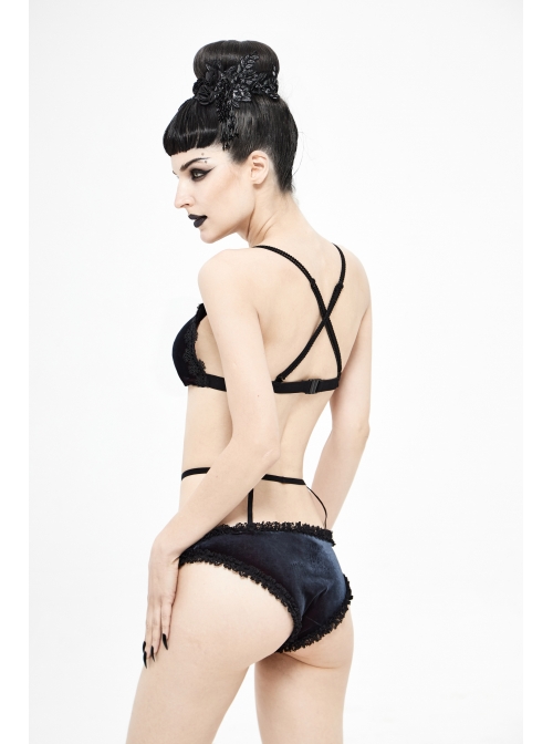 Black Red Velvet Chest Lace-Up Gothic Swimsuit Suit