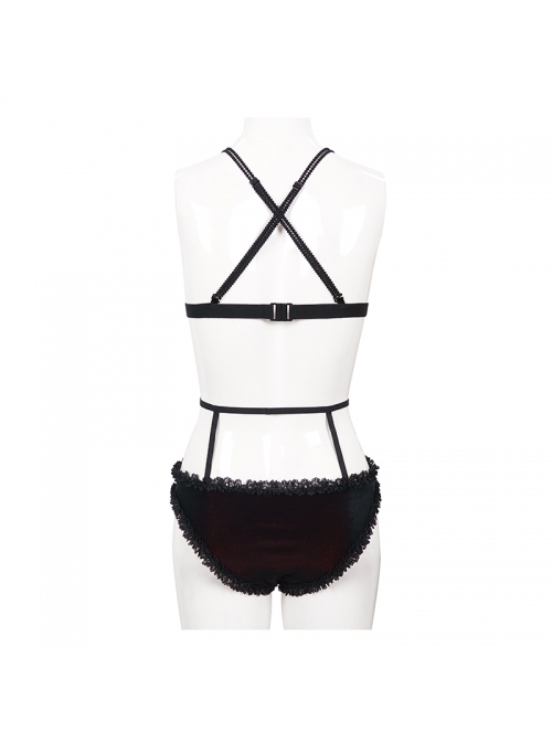 Black Red Velvet Chest Lace-Up Gothic Swimsuit Suit