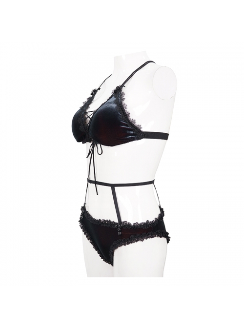 Black Red Velvet Chest Lace-Up Gothic Swimsuit Suit