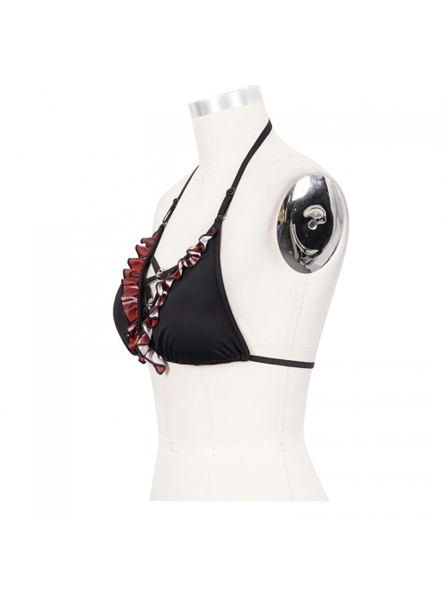 Scottish Red Plaid Frilly Chest Lace-Up Skull Bell Black Punk Swimsuit Top