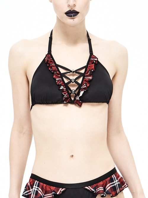 Scottish Red Plaid Frilly Chest Lace-Up Skull Bell Black Punk Swimsuit Top