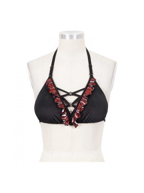 Scottish Red Plaid Frilly Chest Lace-Up Skull Bell Black Punk Swimsuit Top