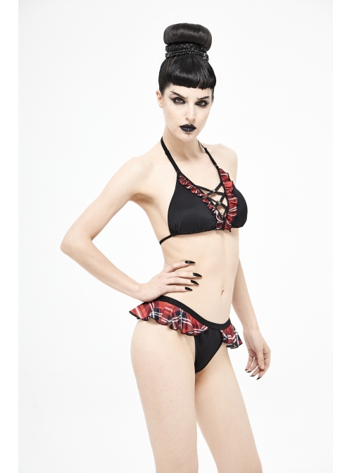 Scottish Red Plaid Frilly Chest Lace-Up Skull Bell Black Punk Swimsuit Top