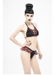 Scottish Red Plaid Frilly Chest Lace-Up Skull Bell Black Punk Swimsuit Top