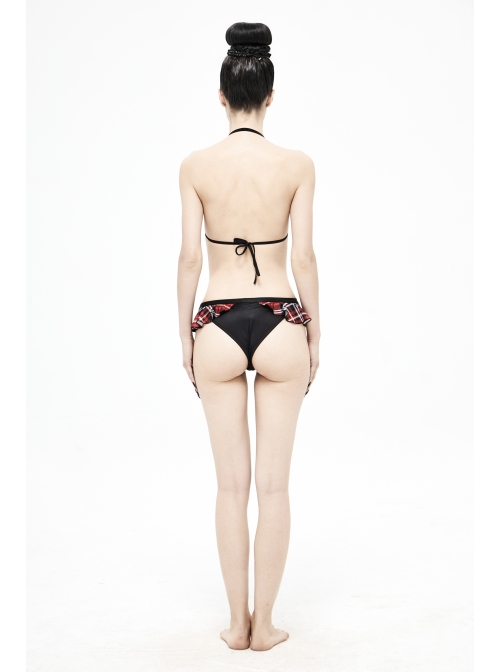 Scottish Red Plaid Frilly Chest Lace-Up Skull Bell Black Punk Swimsuit Top