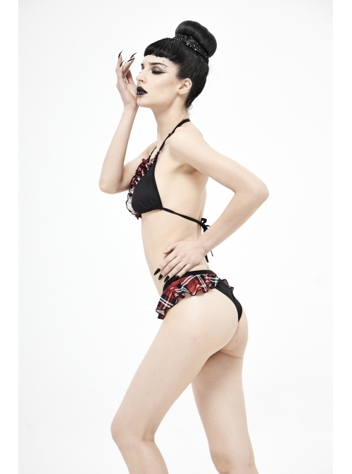 Scottish Red Plaid Frilly Chest Lace-Up Skull Bell Black Punk Swimsuit Top