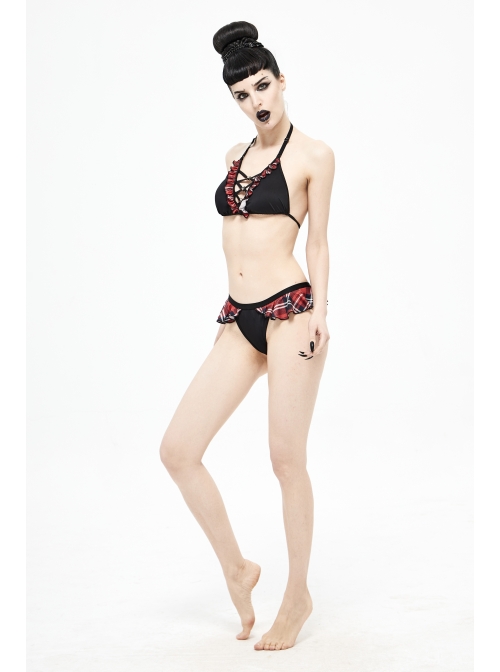 Scottish Red Plaid Frilly Chest Lace-Up Skull Bell Black Punk Swimsuit Top