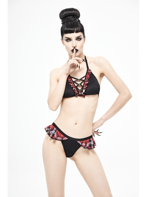 Scottish Red Plaid Frilly Chest Lace-Up Skull Bell Black Punk Swimsuit Top