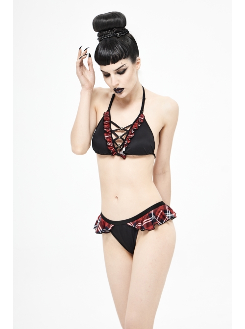 Scottish Red Plaid Frilly Chest Lace-Up Skull Bell Black Punk Swimsuit Top