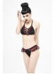 Scottish Red Plaid Frilly Chest Lace-Up Skull Bell Black Punk Swimsuit Top