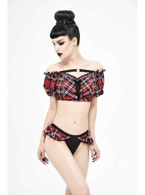 Scottish Red Plaid Frilly Black Punk Swim Shorts