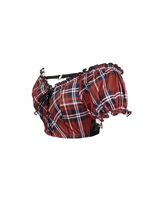 Scottish Red Plaid Chest Lace-Up Back Translucent Lace Red Punk Swimsuit Blouse